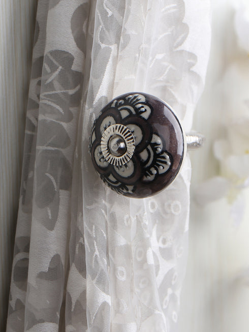 DARK BROWN FLOWER DESIGN CURTAIN TIE BACKS HOOK - (SET OF TWO PIECES)